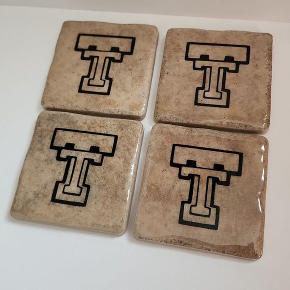 Vintage Custom Texas Tech University TTU Stone Coasters set of 4 Red Raiders - Picture 2 of 8